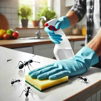 nettoyage d'un plan de travail infesté par les fourmis