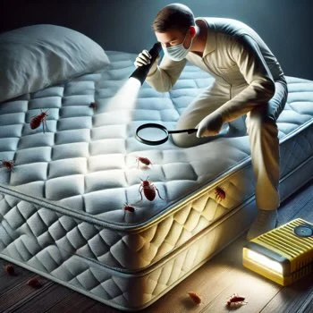 homme inspectant un lit à la recherche de punaises