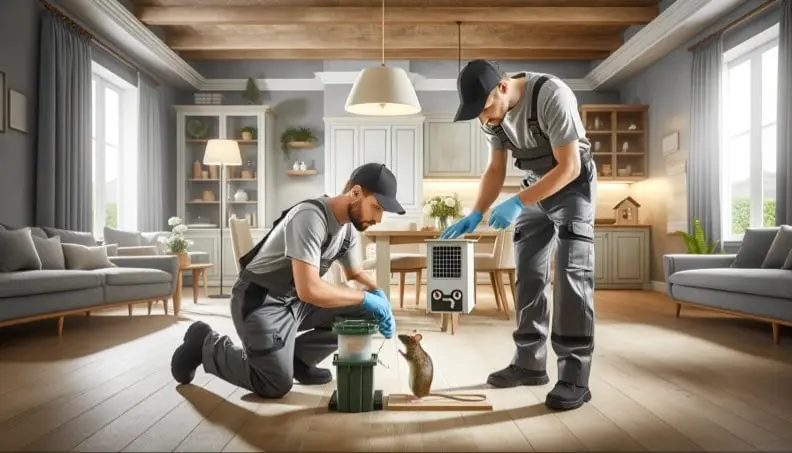 Techniciens installant des pièges à rats dans un salon