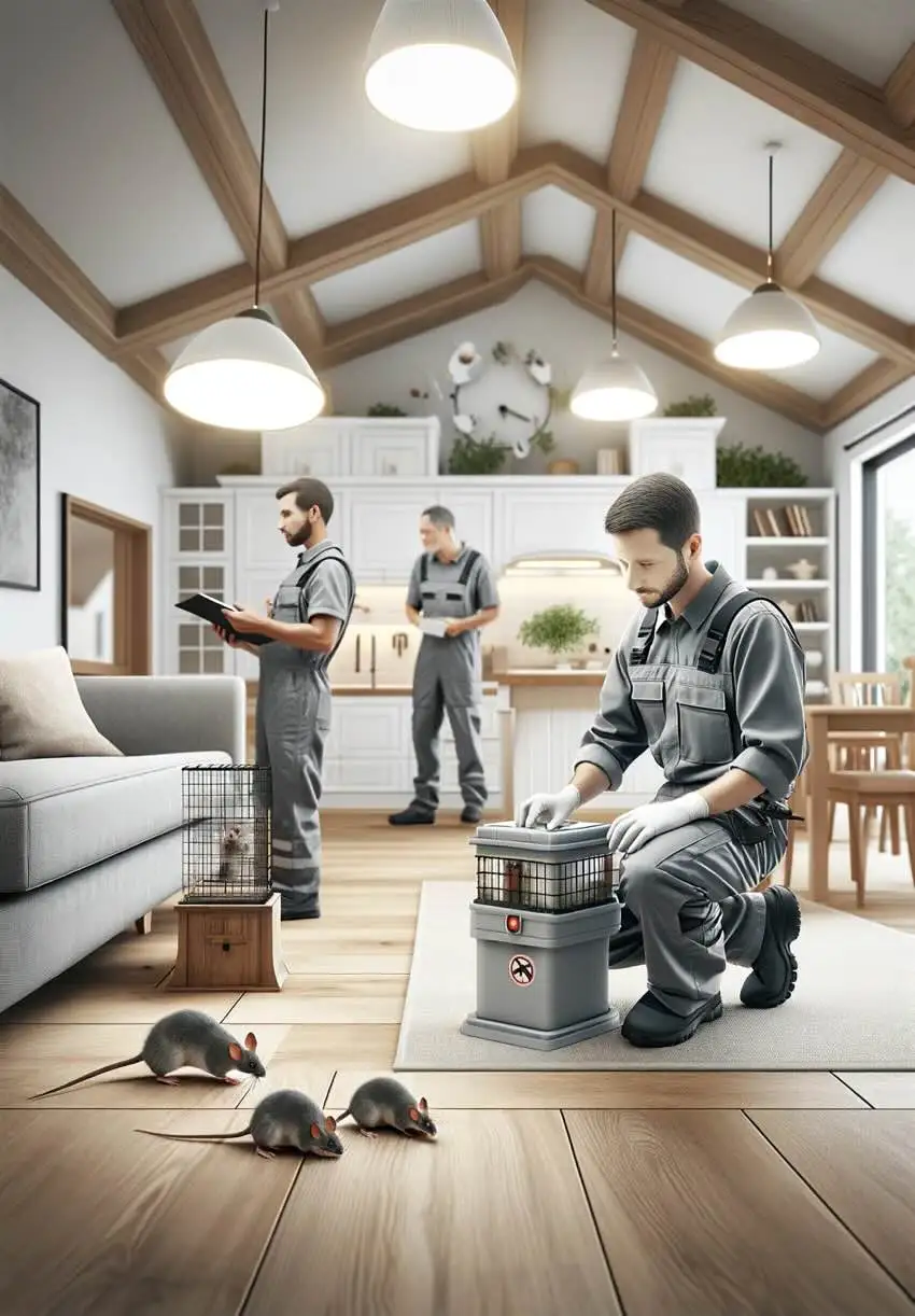 Techniciens installant des pièges à rats dans un salon